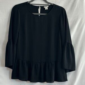 J.Crew Black Sheer Peplum Blouse with Bell Sleeves – Size XS